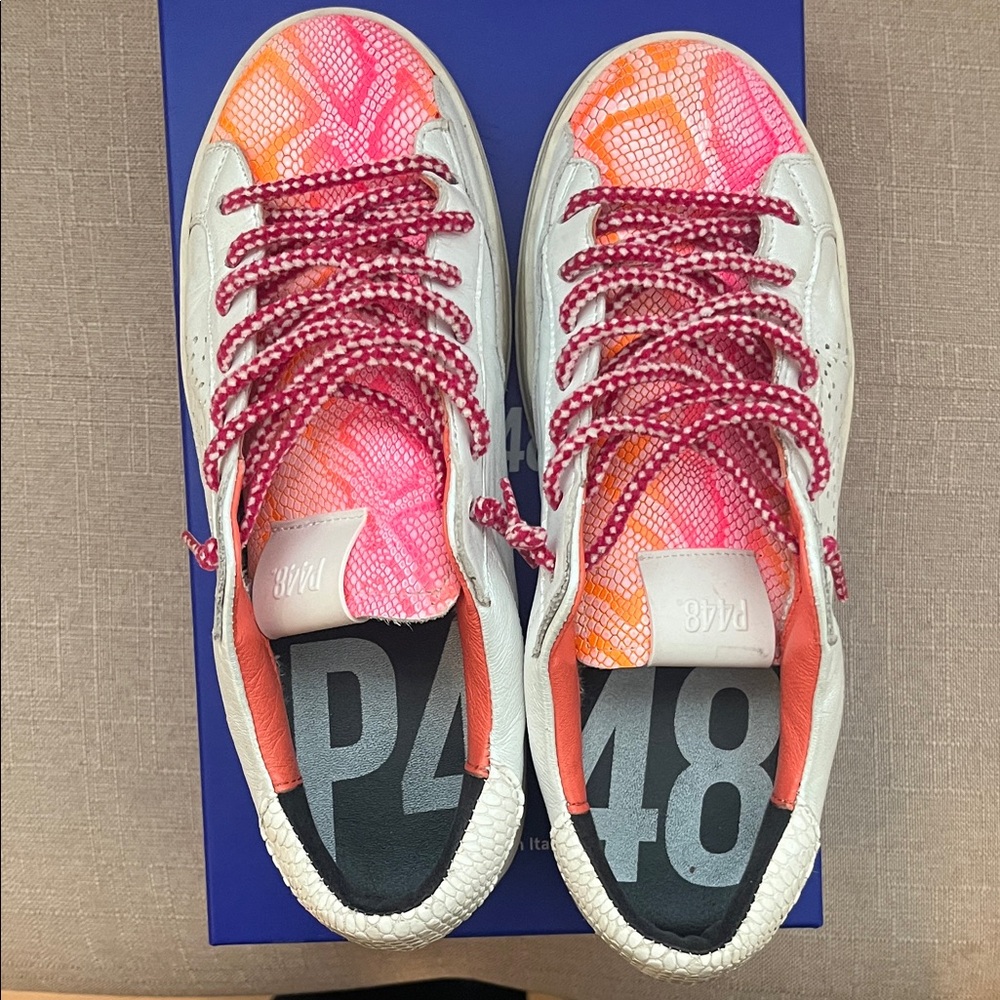 P448 White Sneakers with Pink and Orange Accents